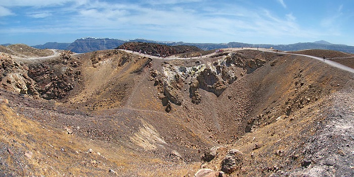 Santorini volcano near Kameni, Greece in science & online news