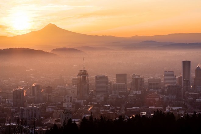Portland, Oregon at dawn or dusk in headline news & online news